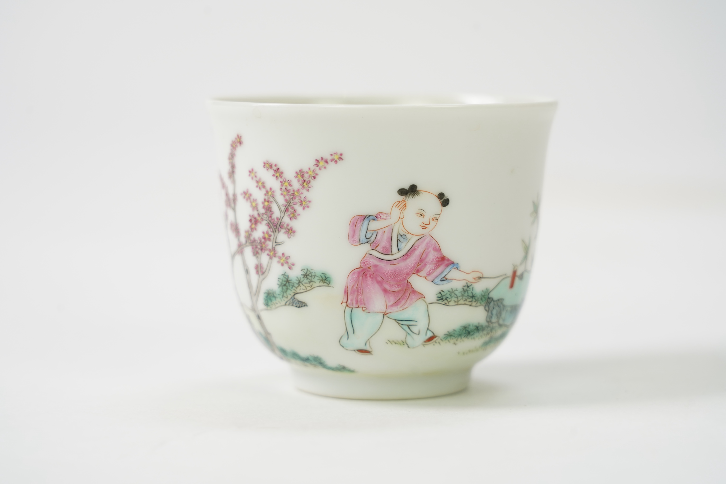 A Chinese famille rose 'boy' cup, Daoguang mark but later, 6cm